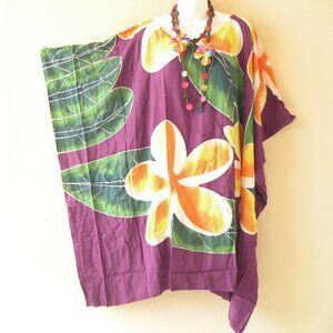 LT111 Purple Floral Batik Women Handpainted 38" Kaftan Rayon Dress